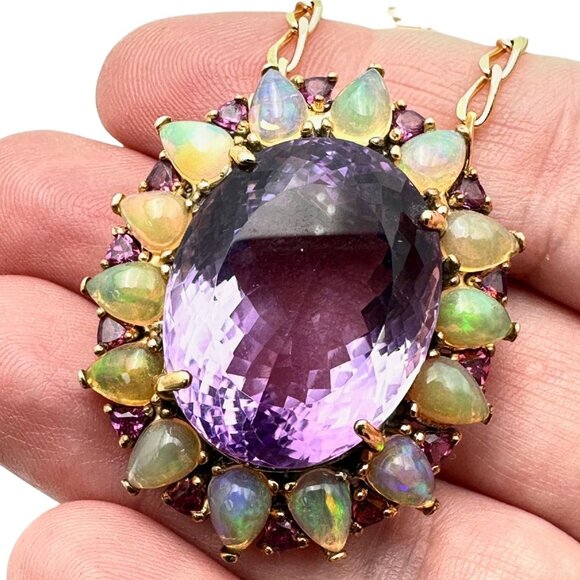 Gemstone Opal Amethyst Necklace 14kt White Gold Opal, Amethyst And